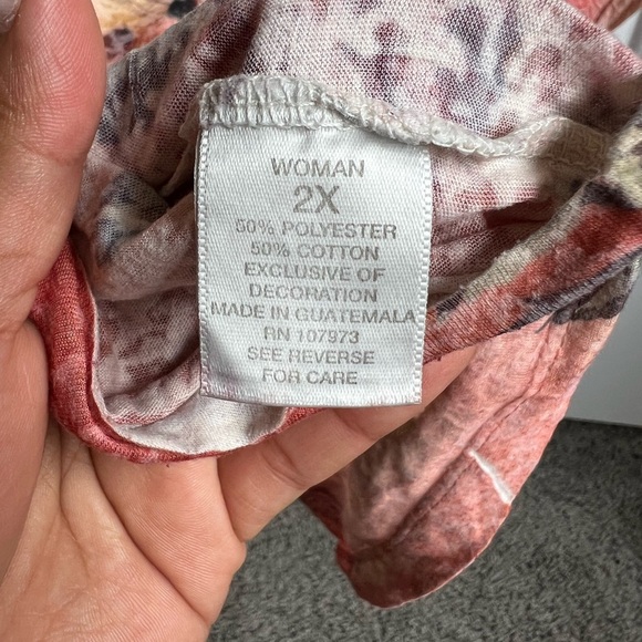 dressbarn Artistic Floral Short Sleeve Top - Red and Cream - Picture 3 of 5